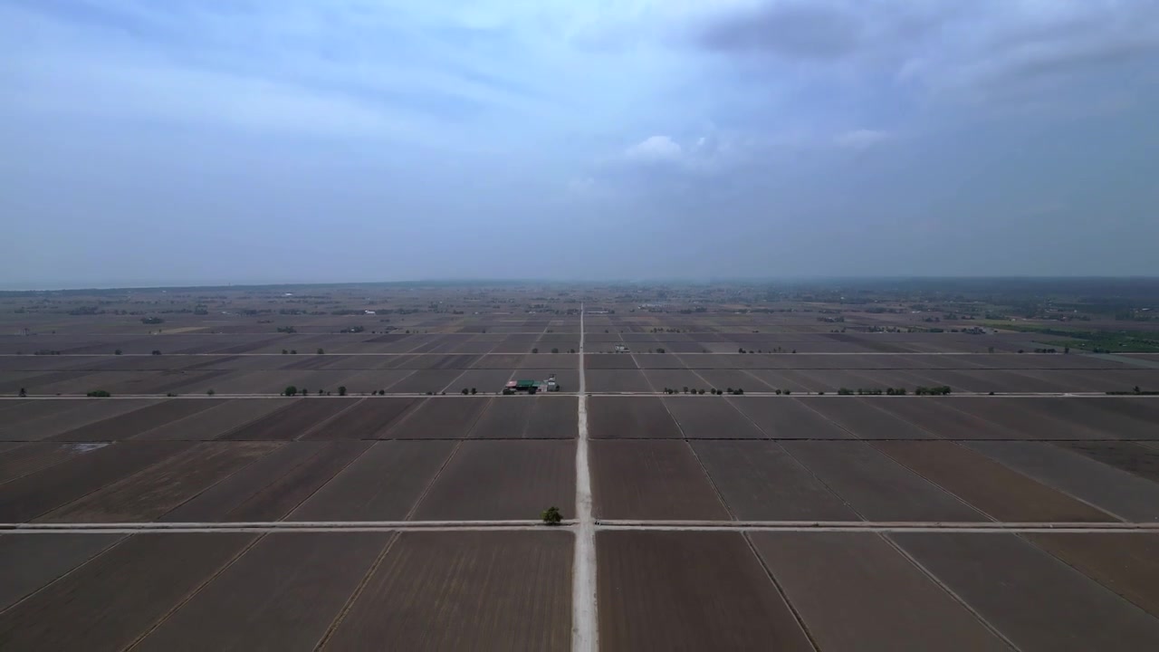 耕作の準備が進むセキンチャンの広大な水田を空撮。不毛な長方形の区画、小道、遠くの建物が特徴的。ドローンによる劇的なチルトダウン空撮。