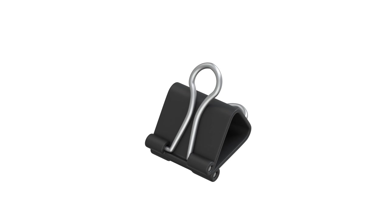 Black Binder Clip Rotating on White Background