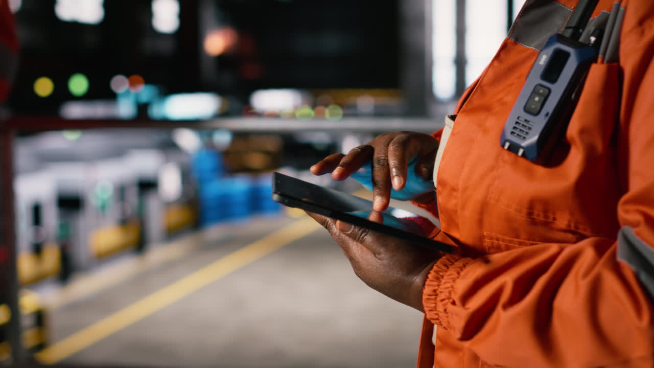 Black female worker evaluates heavy equipment activity on tablet