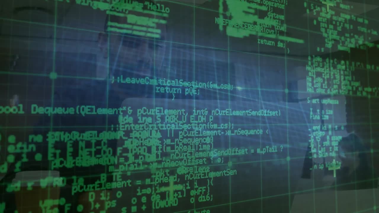 노트북과 그리드 배경을 사용하여 두 인종의 남성에 대한 디지털 데이터 처리 애니메이션