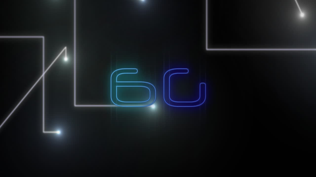 Animation of 6g text, glowing spots and computer data processing
