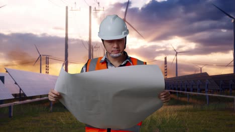 asian male engineer with safety helmet looking at blueprint in his hands and looking around while standing with solar panel and wind turbines