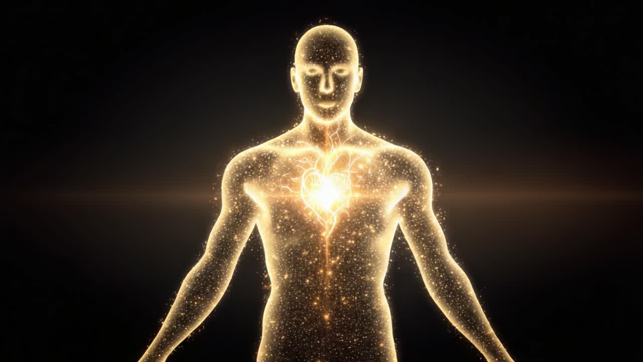 Verlichte menselijke figuur die stralend licht uit het hart uitstraalt, wat energie, levenskracht en spiritueel ontwaken symboliseert door middel van levendige deeltjes tegen een donkere achtergrond.