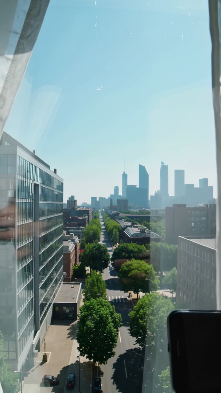 Vertical video: Touching seam, bare arm opening curtain and showing avenue, skyline in window phone