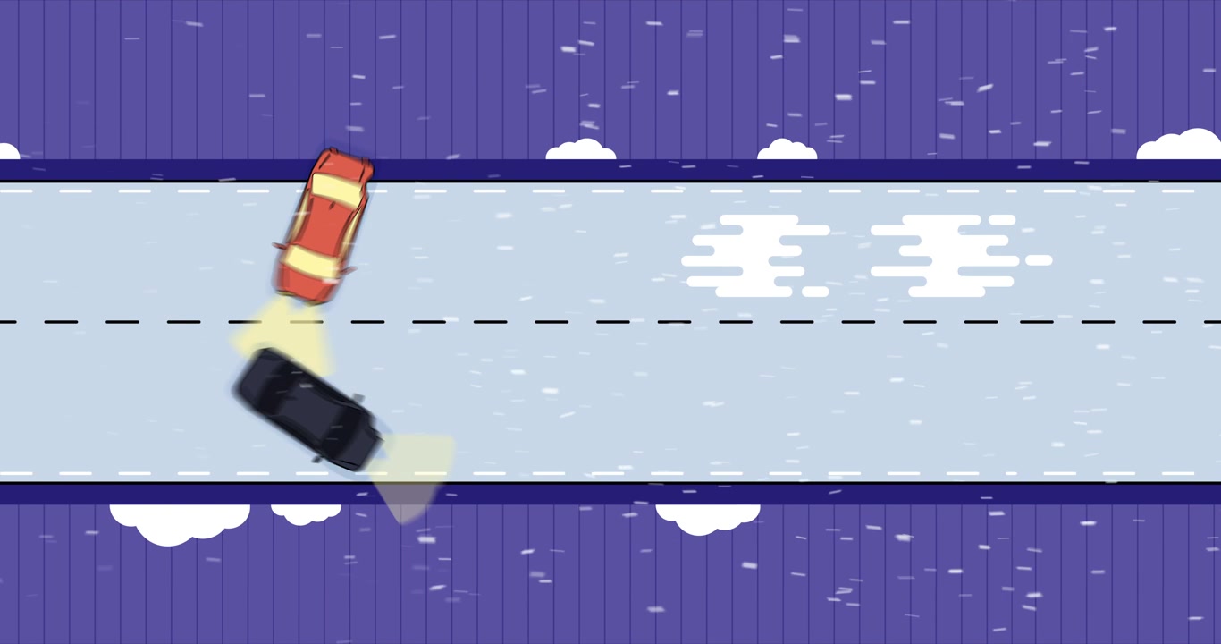 A top-down view of a car skidding on ice and crashing into an oncoming vehicle.