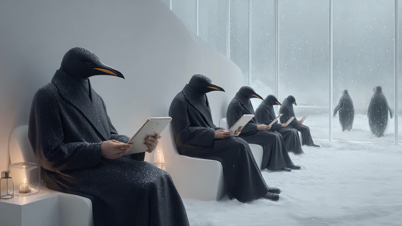 A surreal depiction of several figures resembling penguins, dressed in dark cloaks, sitting in a frosty, snow-covered environment while intently using digital devices