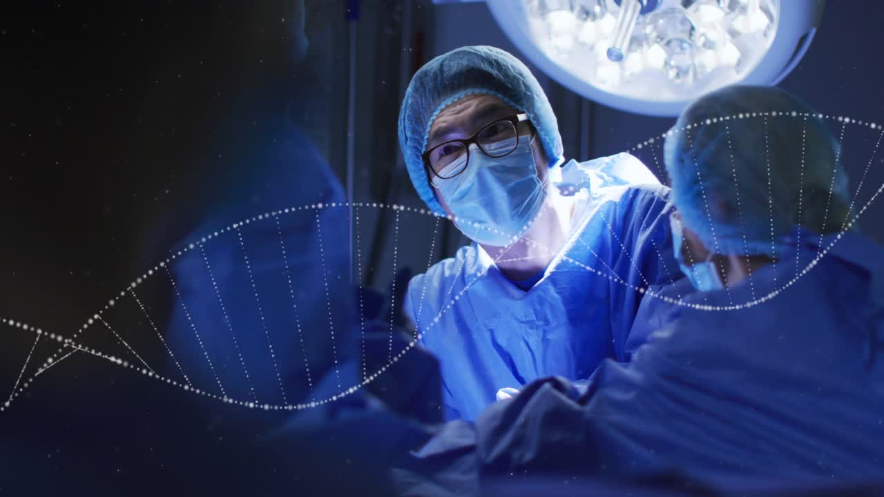 Vedoucí chirurg se naklání, vede nástroj a operuje, aby léčil, zatímco se DNA helix překrývá a roste