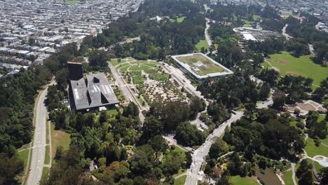 De-young-museum-california-academy-of-sciences-at-golden-gate-park-garden-in-san-francisco-city-camera-look-up-hold