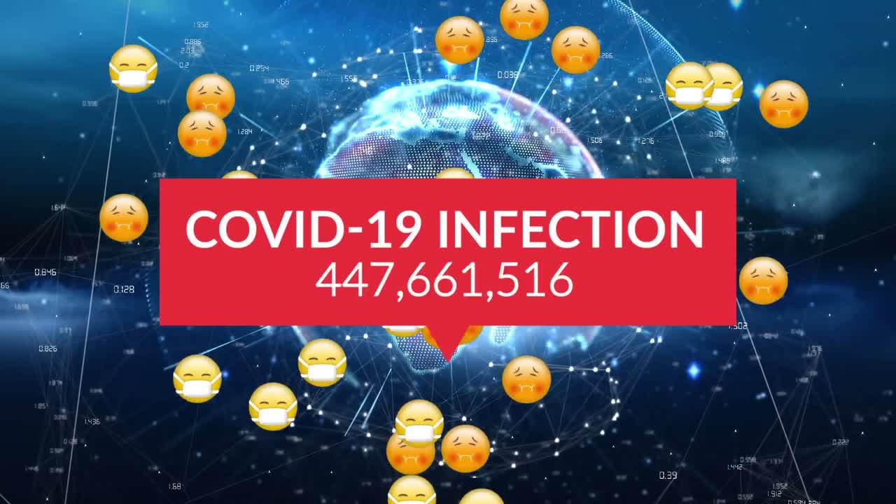 코로나 19 데이터 처리의 애니메이션은 얼굴 마스크와 함께 여러 병자 이모티콘을 통해 처리됩니다.