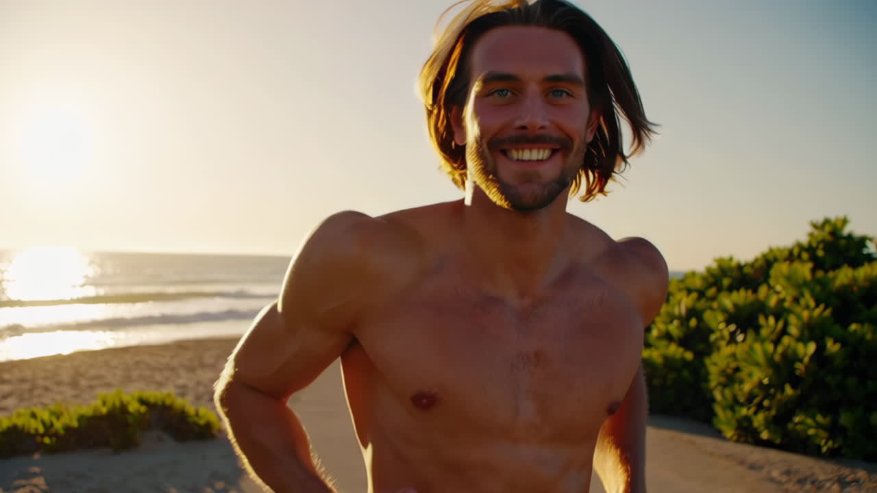 Uomo che corre sulla spiaggia al tramonto
