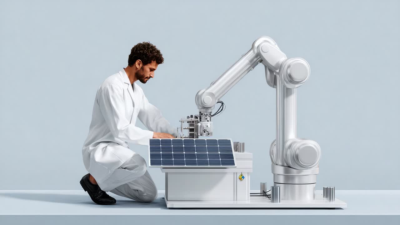 A focused technician in a lab coat interacts with a sophisticated robotic arm that integrates solar technology for efficient energy use, showcasing advancements in automation and renewable energy solutions