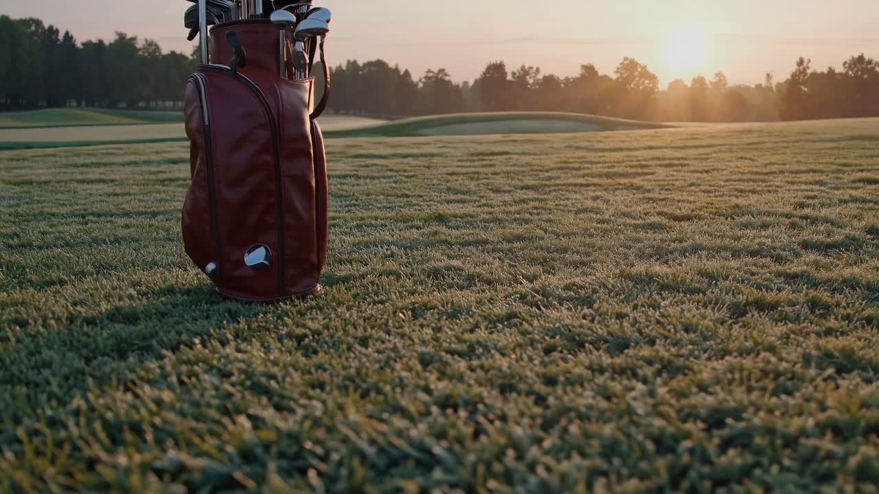 Video-opname vanuit een lage hoek van een golftas op een bedauwde baan bij zonsopgang, waarbij de serene ochtend wordt vastgelegd