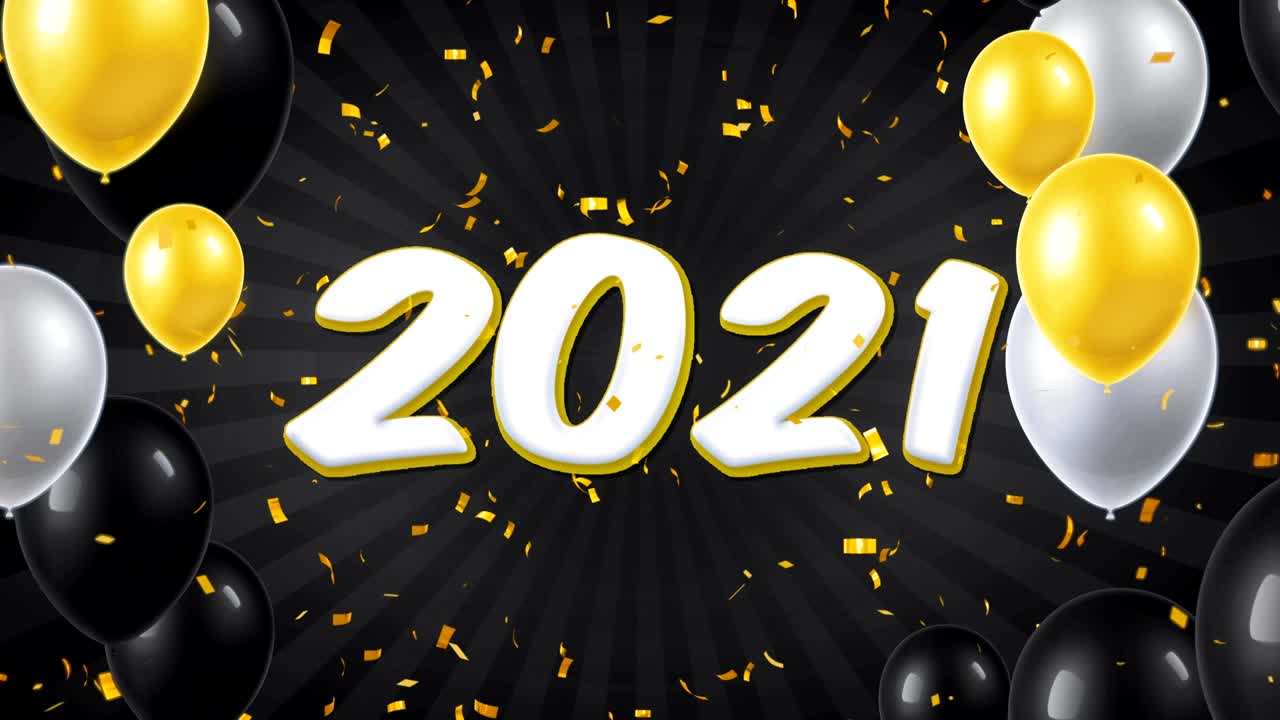 Happy New Year 2021 Text Appears on Confetti Popper Explosions Falling and Glitter Particles, Colorful Flying Balloons Seamless Loop Animation.