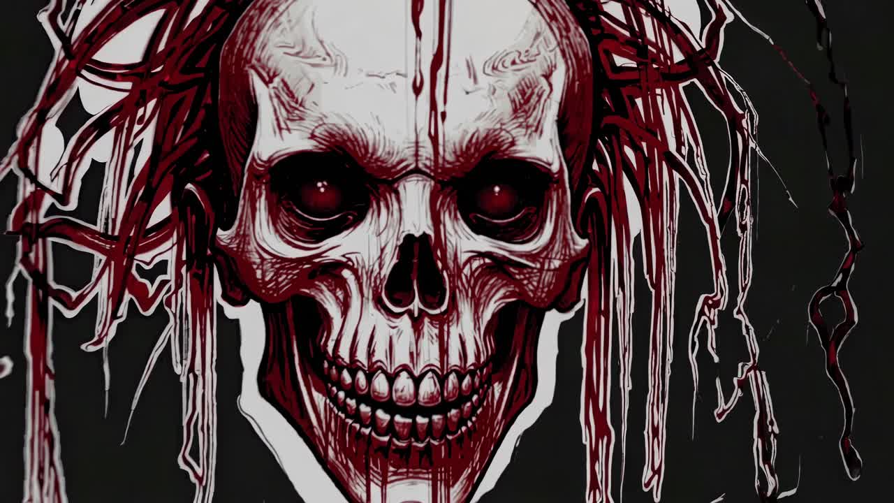 Skull illustration progressively emerging with vivid red hair, transitioning across monochromatic backgrounds from stark white to deep black, revealing haunting visual transformation