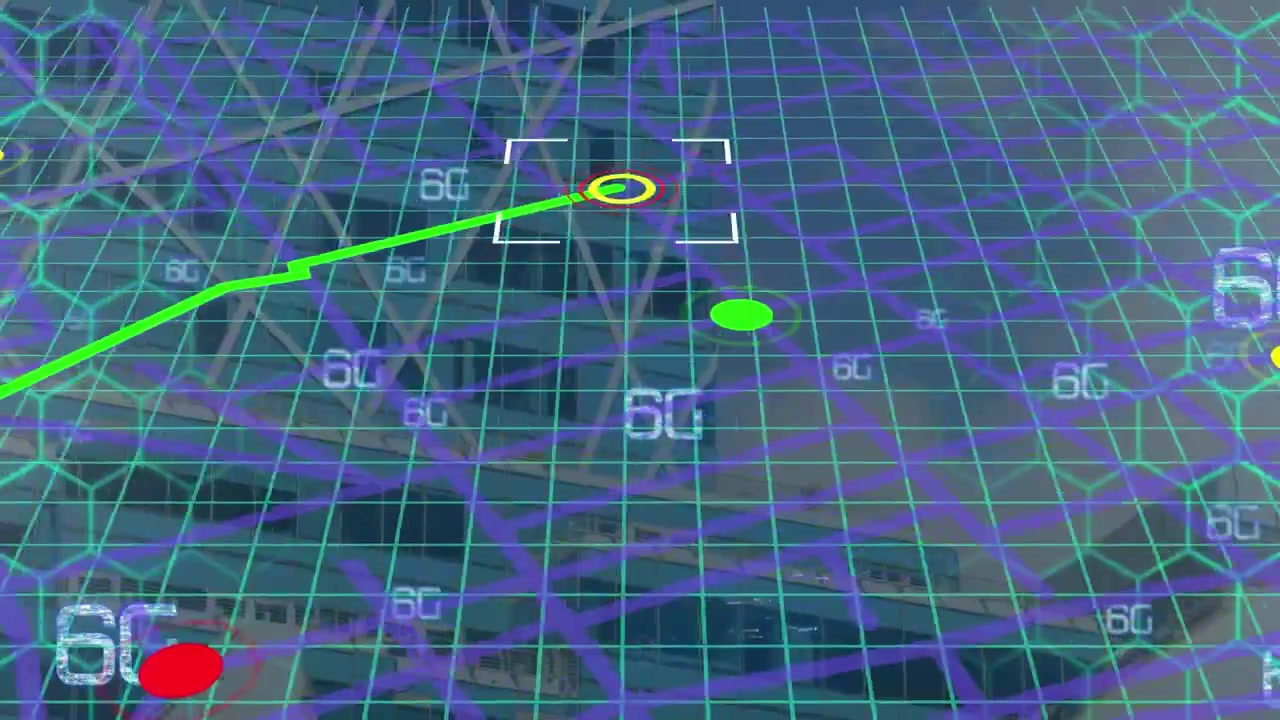 Animazione di esagoni, grafico e 6G su edifici per uffici