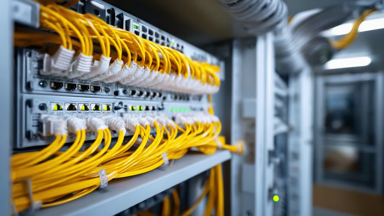 Detailed View of Network Switches with Yellow Cables in a Server Room, Showcasing Organized Connectivity and Data Transmission Infrastructure