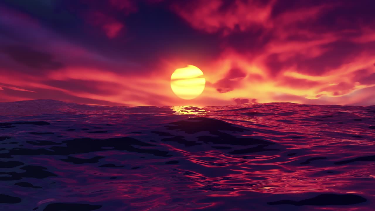 Red beautiful sunset over ocean seamless loop with red sky and sea with waves