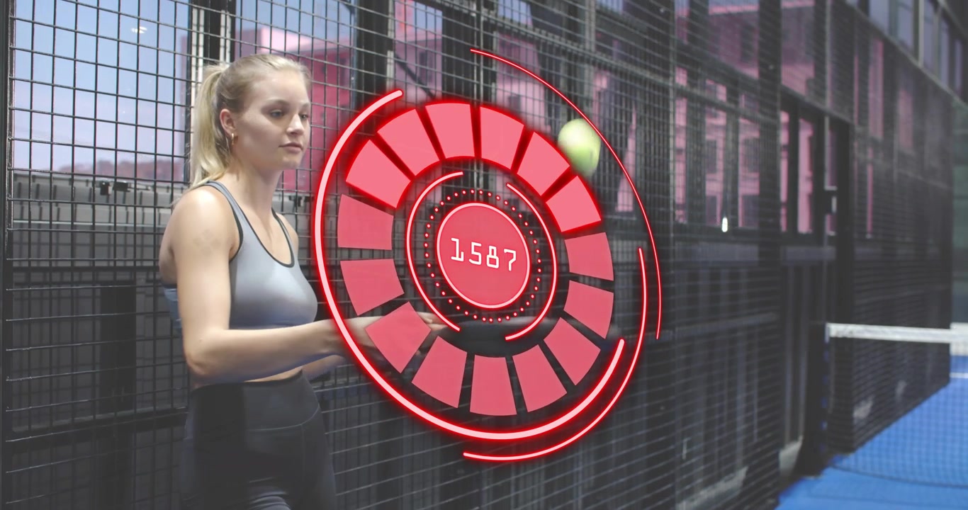 Padel player adjusting racket grip and tapping holographic fitness gauge before returning ball