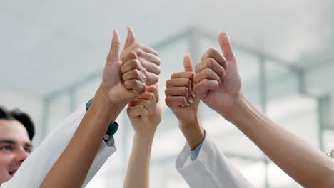 thumbs up, group success and doctors in healthcare