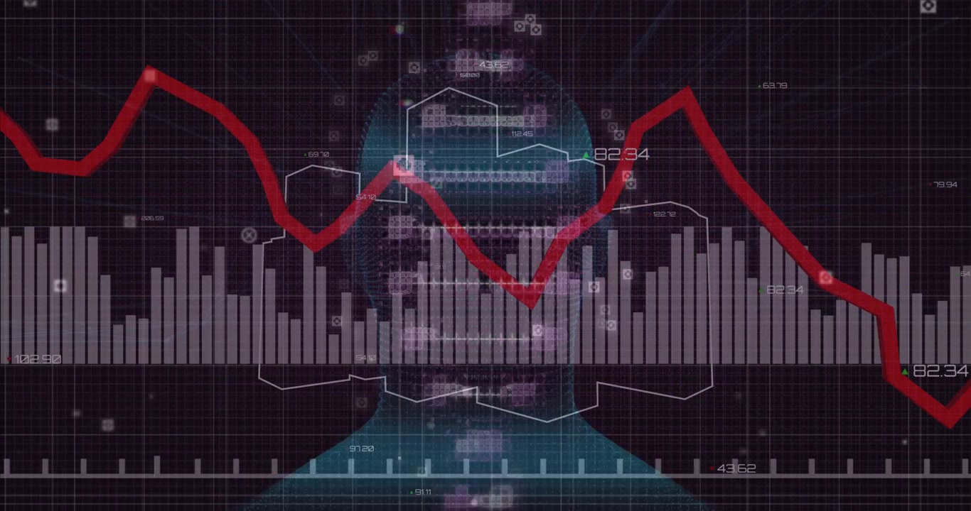Grid overlay initiating silhouette fading center, bars emerging left red line mapping realtime data
