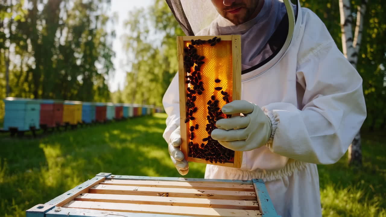 Un apicoltore ispeziona un telaino d'arnia in un apiario.