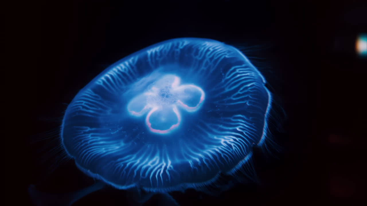 Primo piano di una medusa luna che nuota nell'acqua completamente nera