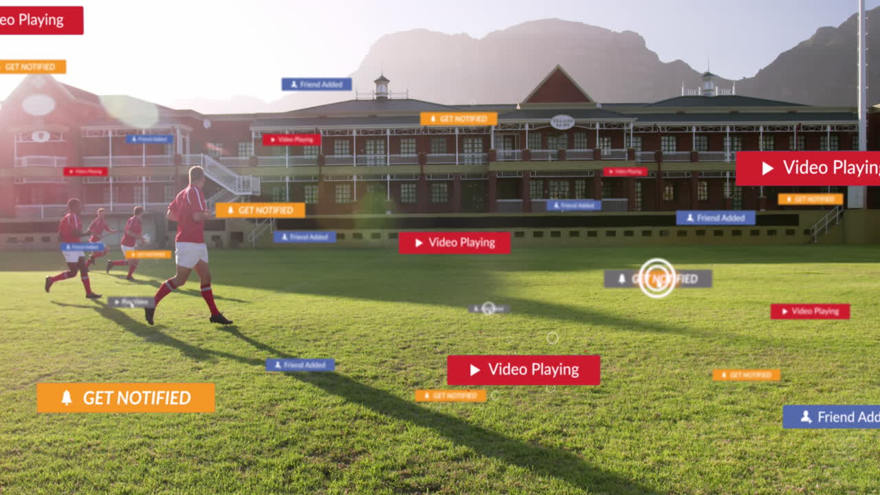 스타디움에서 달리는 다양한 남성 축구 선수들의 팀에 대항하는 소셜 미디어 아이콘의 애니메이션