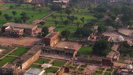 establishing drone view above lahore fort, top tourist destination in pakistan. historical mughal landmark