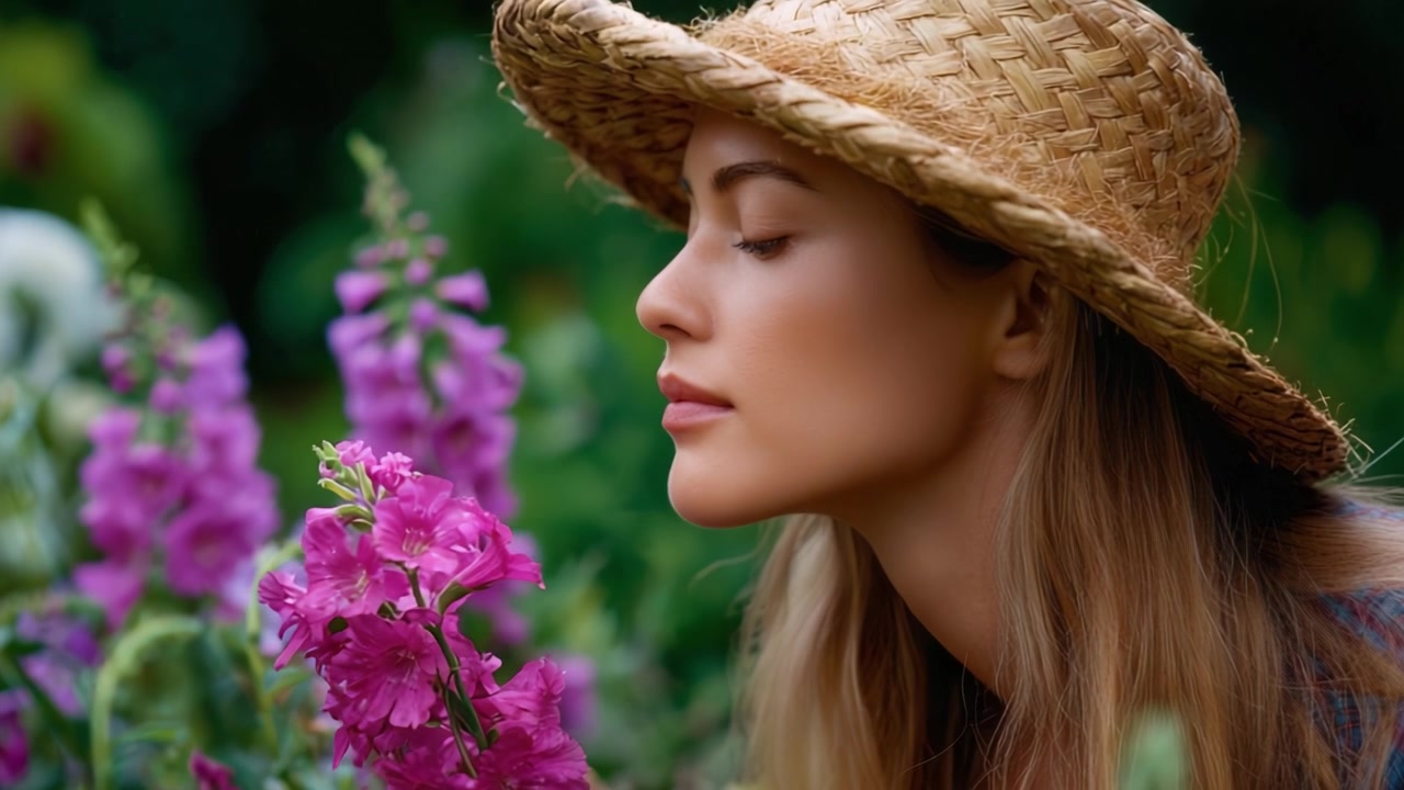 Giovane donna con un cappello di paglia che si gode la fragranza dei fiori viola in un giardino vibrante, catturando la bellezza della natura e la gioia della connessione con i fiori.