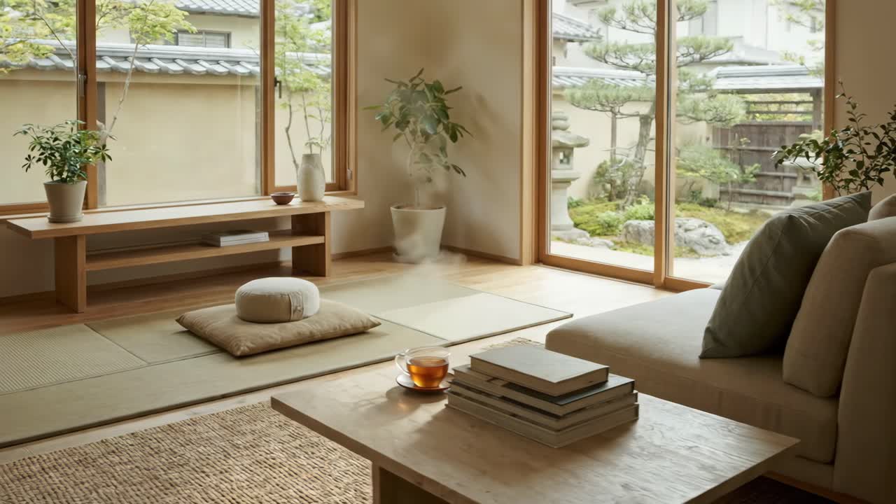 瞑想クッションと庭がある穏やかな和風の室内