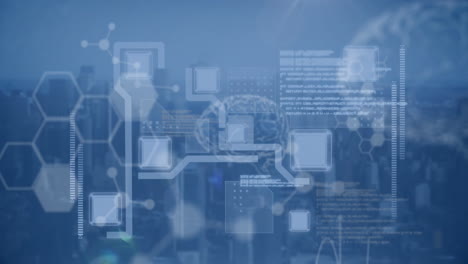 Cityscape background with digital network and data processing animation in view