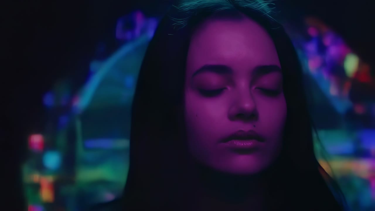 Meditating woman sitting peacefully in dark room, bathed in soft purple light projection, embodying inner calm and spiritual tranquility