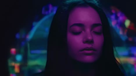 meditating woman sitting peacefully in dark room, bathed in soft purple light projection, embodying inner calm and spiritual tranquility