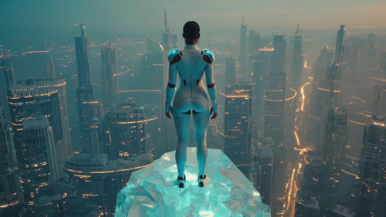 Woman in Futuristic Suit Overlooking a Cyberpunk City