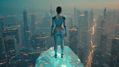 woman in futuristic suit overlooking a cyberpunk city