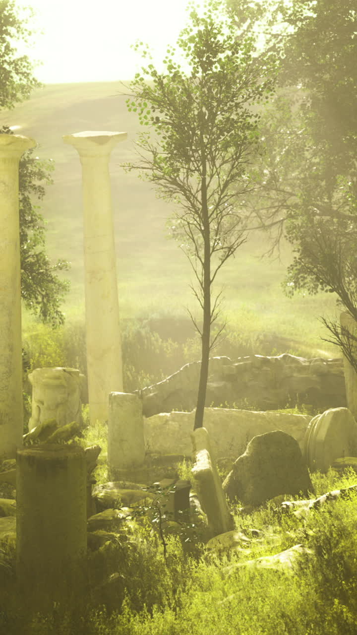 Ancient pillars emerge through golden mist at sunrise in a forgotten landscape