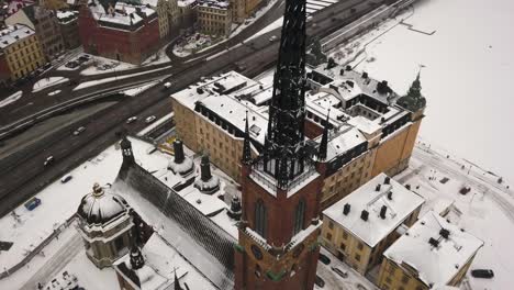 famous tourist destination and landmark, riddarholm church, stockholm, sweden, rotating aerial shot