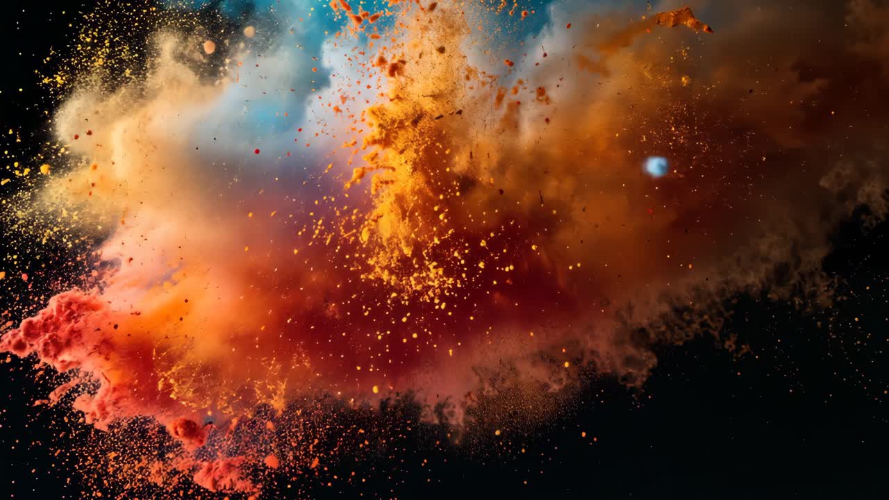 Bursting powder clouds expanding and mixing on black backdrop, with orange-red and blue plumes