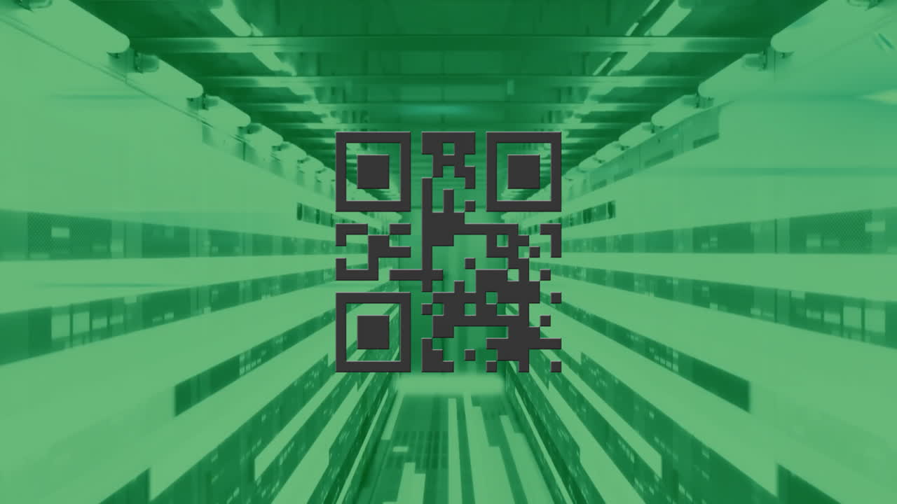 animación del código qr con columnas móviles sobre la sala del servidor