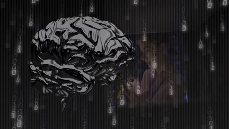 animación de procesamiento de datos y cerebro digital sobre mujer caucásica en la sala de servidores.
