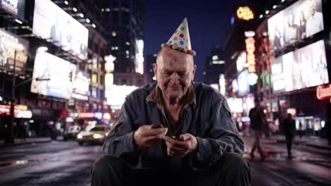 a man wearing a colorful party hat sits in a busy city street, looking thoughtful while examining a small object. the neon lights and lively atmosphere add to the urban experience.