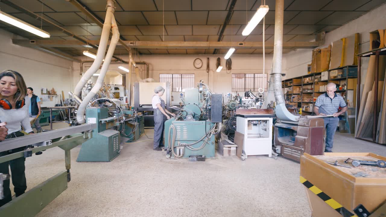 Squadra eterogenea di falegnami che azionano macchinari in un laboratorio di falegnameria indaffarato.