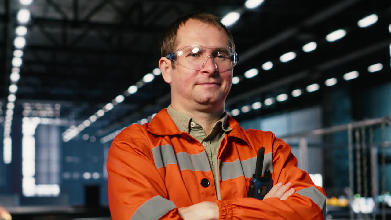 Personale industriale ispeziona attrezzature in acciaio sul pavimento di una fabbrica indossando dispositivi di protezione