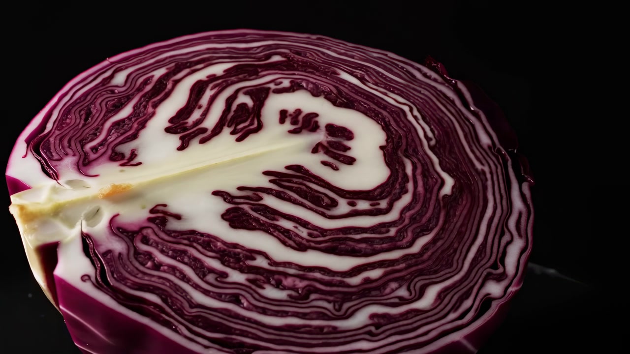 Cavolo rosso tagliato a metà in un taglio orizzontale stretto su sfondo nero senza cuciture, una fetta rimossa espone una sezione trasversale interna dettagliata, foglie concentriche magenta e bianche, umidità lucida, motivo naturale.