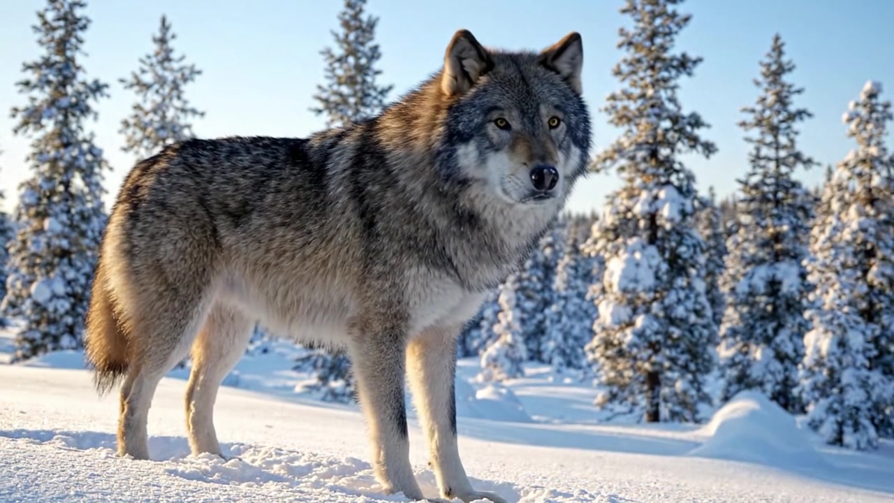 A Majestic Wolf Standing Proudly in a Winter Wonderland, Surrounded by Snowy Trees and a Bright Blue Sky, Capturing the Essence of Nature's Wilderness