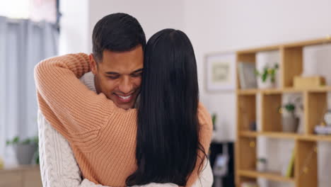 Couple,-love-and-happy-to-hug-in-home-for-care