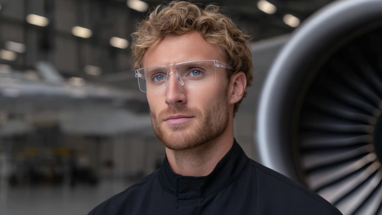 Focused Engineer in Aviation Setting: A Profile of Determination Amidst Jet Engine in Modern Aircraft Hangar Environment