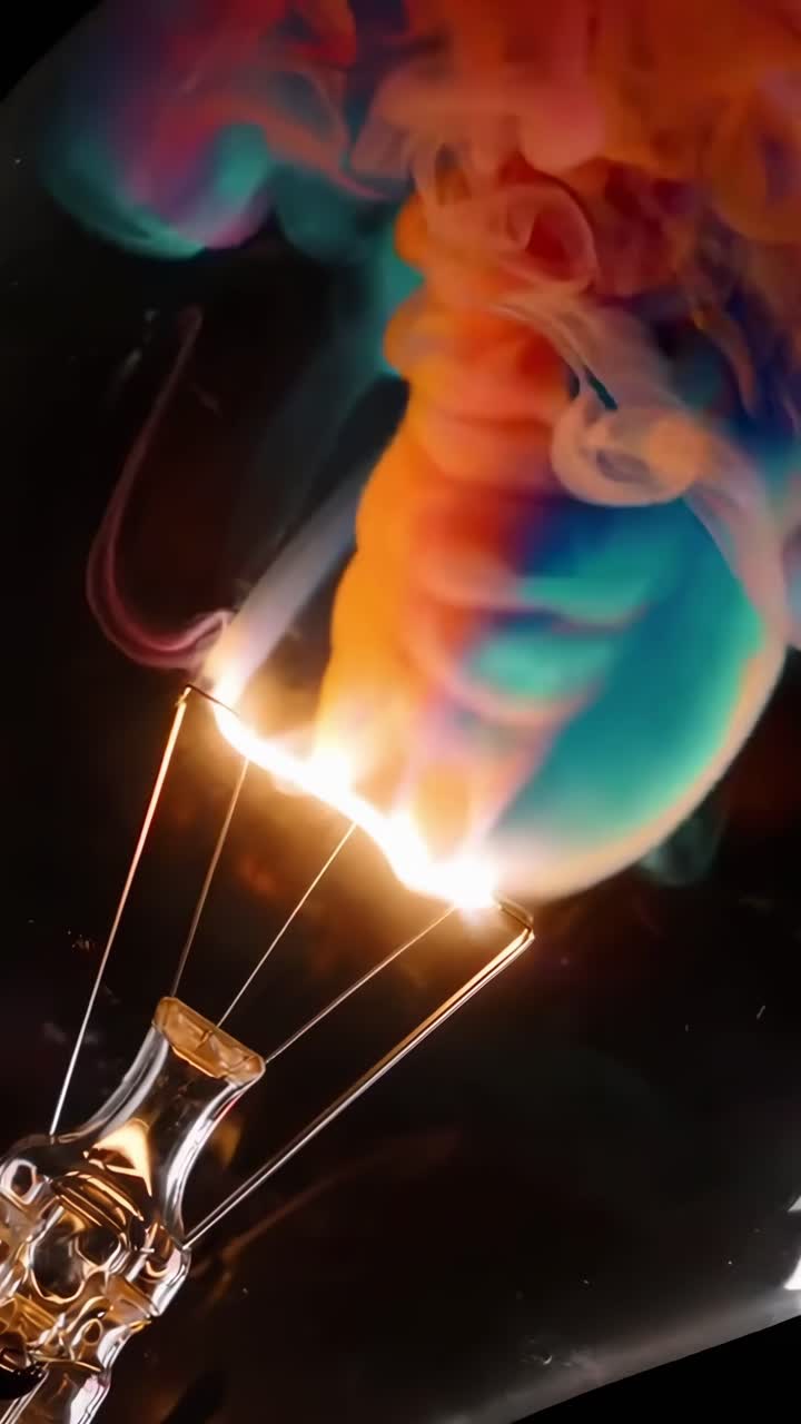 Colorful Smoke Swirling Around a Glowing Light Bulb Filament