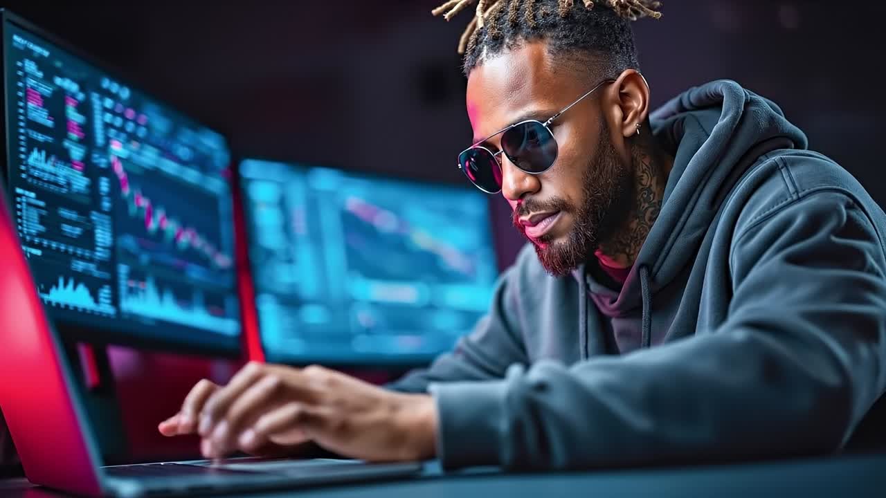 A man with dreadlocks sitting at a desk using a laptop computer