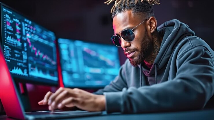 En mand med dreadlocks, der sidder ved et skrivebord og bruger en bærbar computer